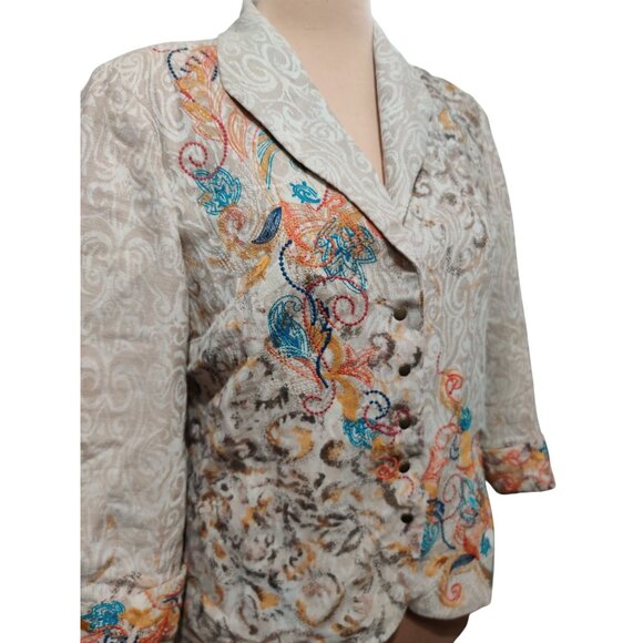 Coldwater Creek 10 Womens Linen Blend Embroidered Boho Chic Artsy Jacket Beige - Picture 2 of 14
